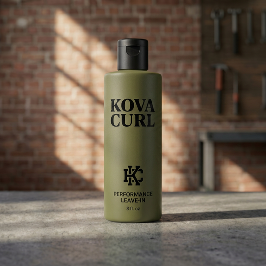 "Kova Curls high-performance curl cream bottle with matte finish for active lifestyles."