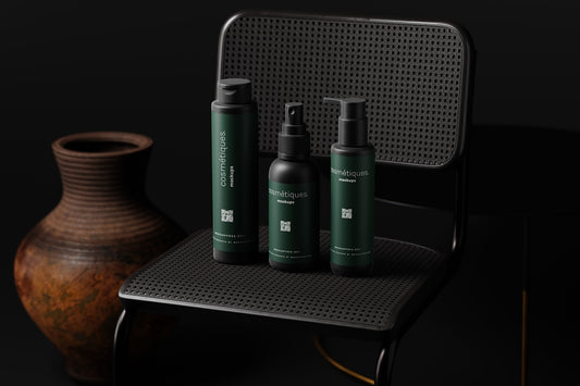 a black chair with three green bottles and a vase